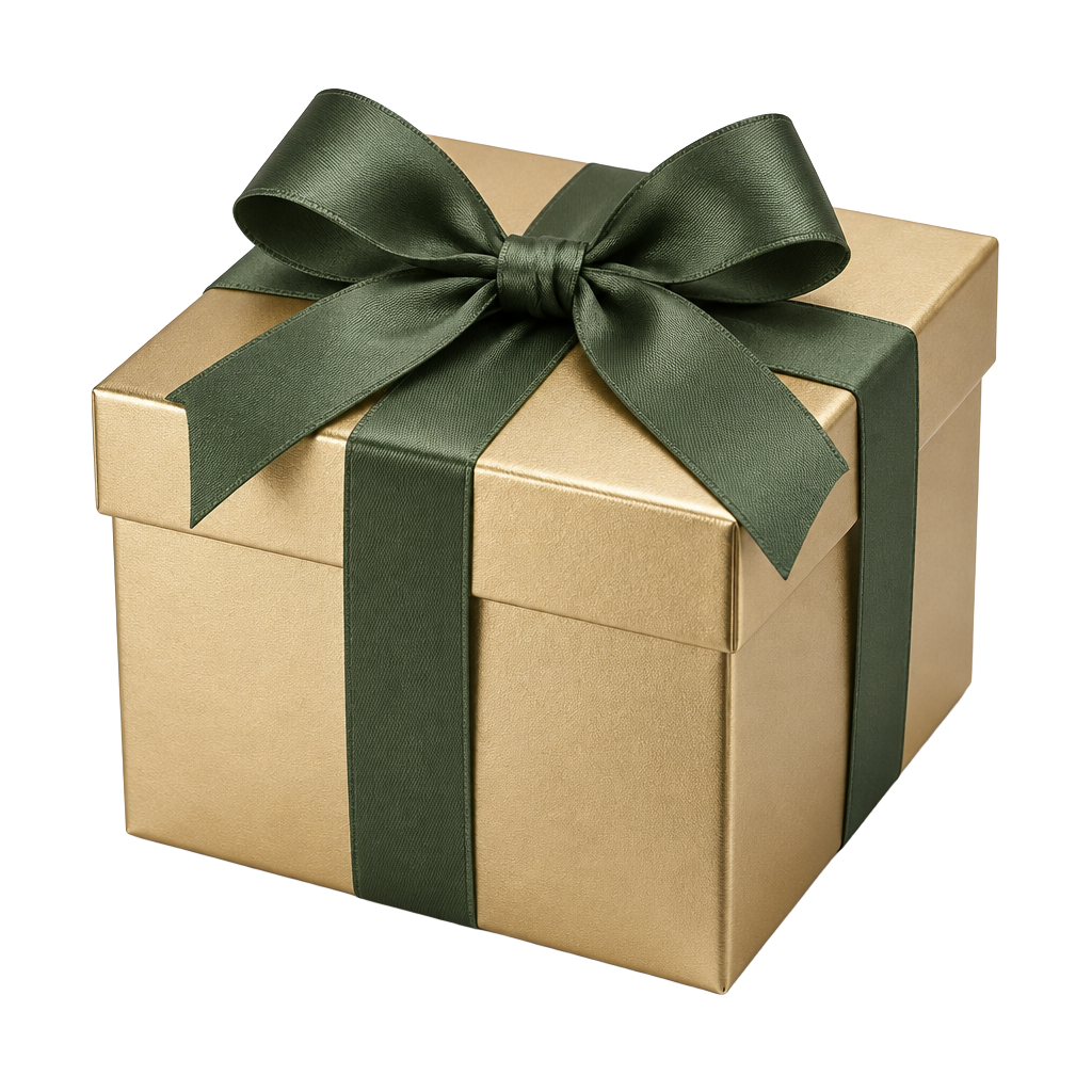 Gold gift box tied with a green satin bow